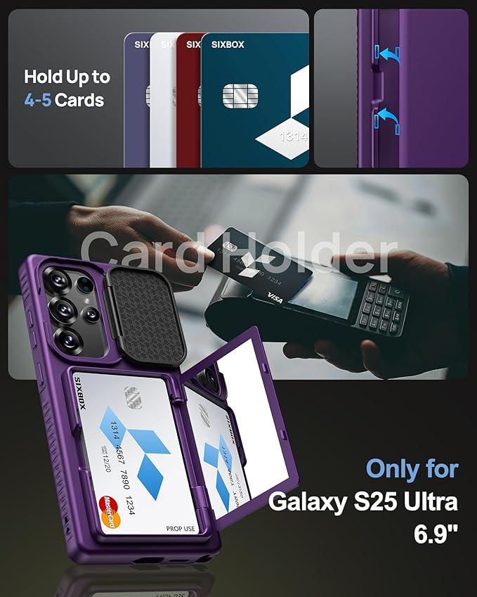 for Samsung Galaxy S25 Ultra Case, Built-in Card Holder & Stand & Lens Cover, Military Grade Drop Tested Soft Silicone Edge Rugged Protective Wallet Phone Case for S25 Ultra 6.9" 2025, Purple