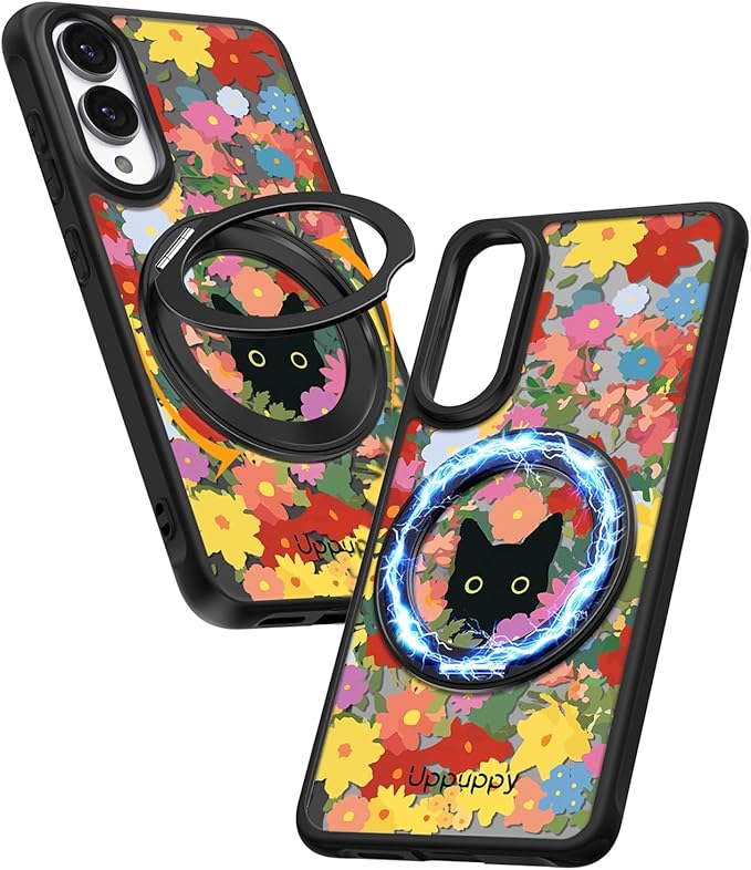 for Samsung Galaxy S25 Edge Case with 360° Rotatable Magnetic Ring - Compatible with MagSafe, Semi-Transparent Soft-Touch Material Shockproof, Cute Black Cat & Flower Design for Women Girl