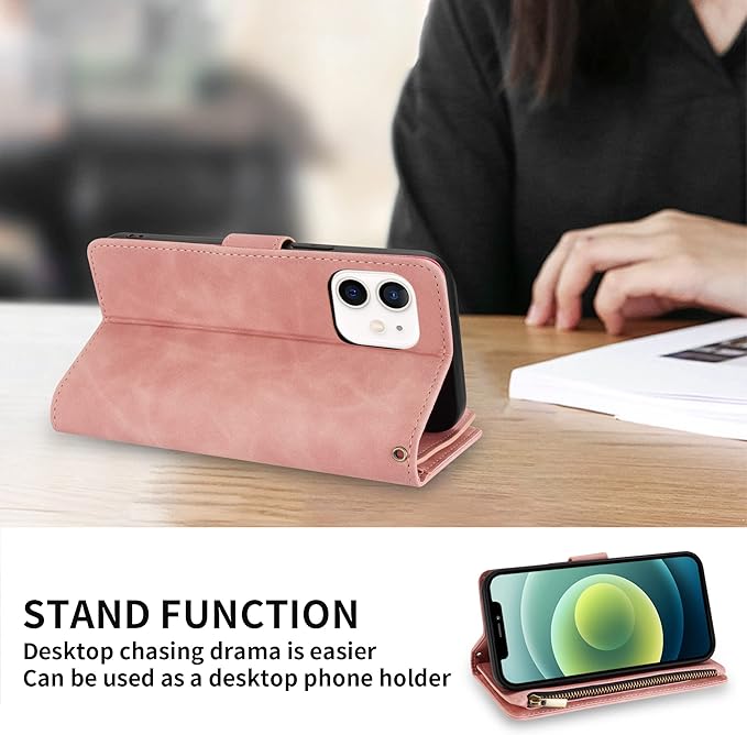 ZZXX for iPhone 12 Mini Wallet Case with Card Slot Premium Soft PU Leather Zipper Flip Folio Wallet with Wrist Strap Kickstand Protective for iPhone 12 Mini Case Wallet(Pink 5.4 inch)