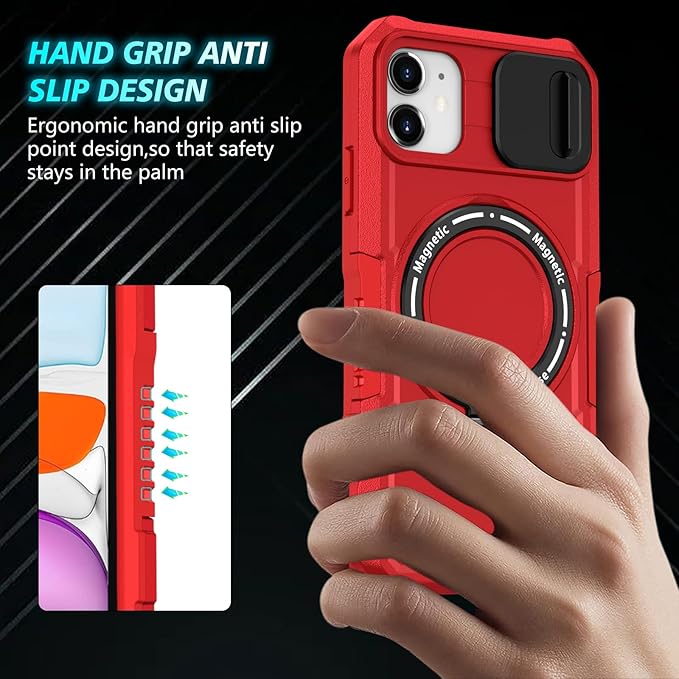 for iPhone 11 Case Magnetic Compatible with MagSafe Wireless Charging,with 2 Screen Protectors,for 11 Case Built-in Kickstand+Camera Cover Anti-Scratch Shockproof Heavy Duty Protection Red