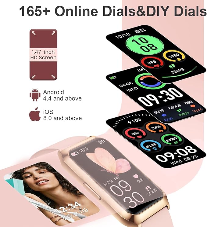 GADIXY Smart Watches for Women,7 Day+ Battery,Aluminium Case,with Heart Rate/Blood Oxygen/Sleep Tracker,IP68 Smart Watch for Android&iOS,Steps/Calorie/Distance,Pink