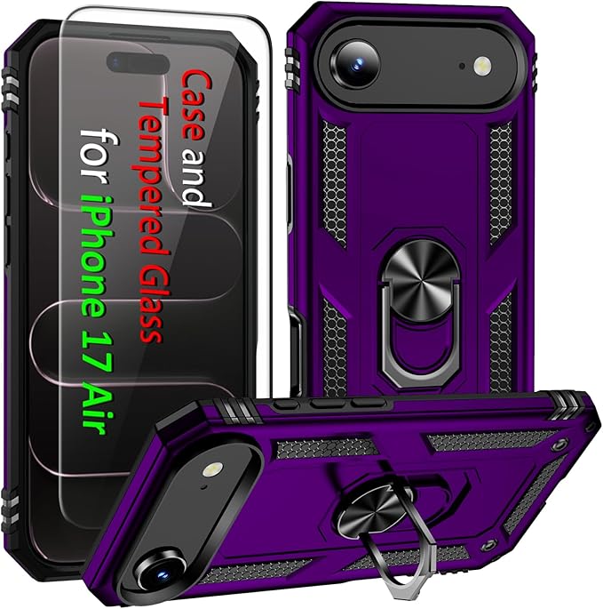 ADDIT Compatible with iPhone 17 Air Case with Tempered Glass Screen Protector, Adjustable Kickstand Ring, Military-Grade Heavy Duty Protection, Shockproof, Anti-Fingerprint,Purple