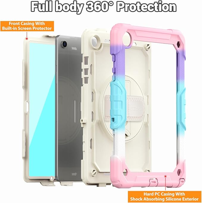 SEYMAC Case for Samsung Galaxy Tab A9+/ A9 Plus 11" (SM-X210/X216/X218), Heavy Duty Shockproof Protective Case with Screen Protector, Rotating Stand, Hand/Shoulder Strap, Pink