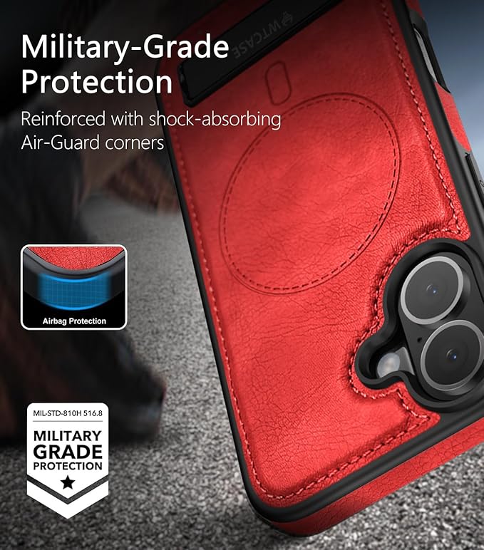 Magnetic for iPhone 17 Leather Case,Built-in Invisible Stand [Compatible with Magsafe] Protective Slim Kickstand Phone Cover for iPhone 17 Case, Red
