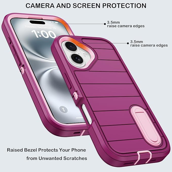 for iPhone 16 Case with 2 Screen Protectors,Heavy Duty Shockproof Drop Protection Military Grade Tri-Layer Rugged Cell Phone Cover with Built-in Invisible Kickstand 6.1“ (Purple)