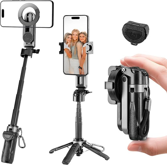 Magnetic Tripod for Phone,2 in 1 for Magsafe Stand＆ Clip Portable Pocket Size Selfie Stick for Android/iPhone,Phone Holder with Wireless Rechargeable Remote Control for Photography, Live Streaming