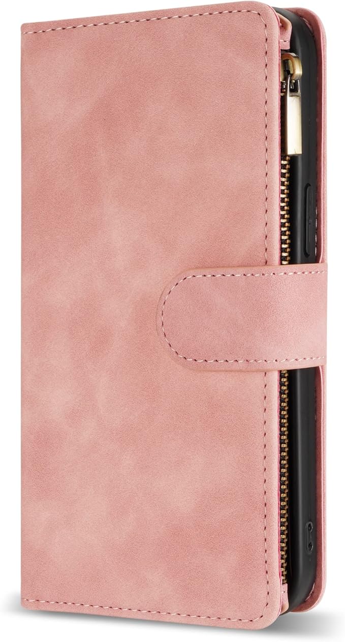 ZZXX for iPhone 14 Case Wallet with [RFID Blocking] Card Slot Premium Soft PU Leather Zipper Flip Folio with Wrist Strap Kickstand Protective Phone Cover for iPhone 14 Wallet Case(Pink-6.1 inch)