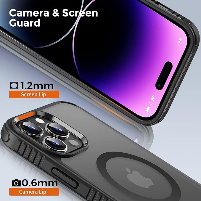 UNBREAKcable Magnetic Case for iPhone 14 Pro Max, [Compatible with MagSafe] [Military Grade Shockproof] [Non-Slip] Translucent Matte Back& Soft Silicone Airbag Bumper for Apple 6.7inch – Black