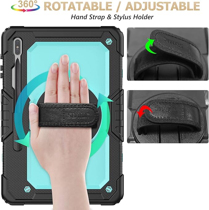SEYMAC stock Case for Samsung Galaxy Tab S7 FE / S8 Plus 5G Case 12.4'' with Screen Protector Pencil Holder [360 Rotating Hand Strap] &Stand, Drop-Proof, SkyBlue/Black