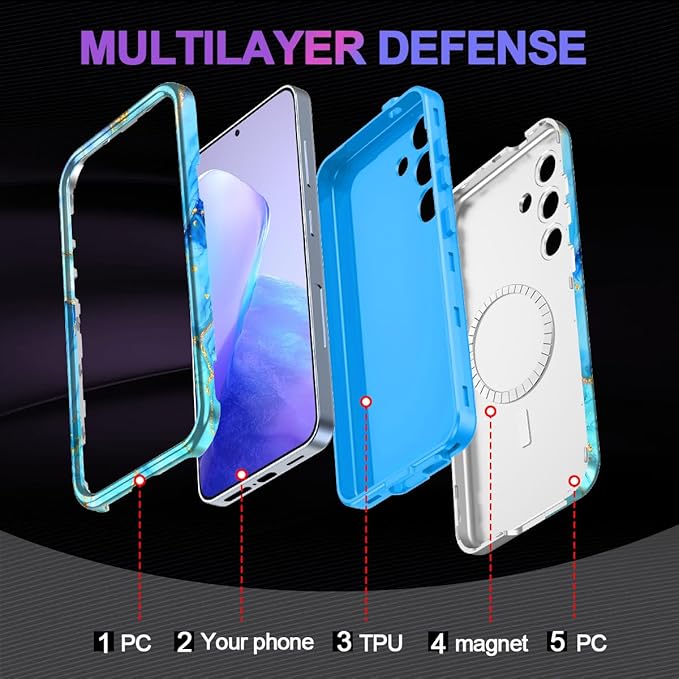 Casetego for Galaxy S24 Case,Compatible with MagSafe,[Military Grade Drop Test] Full Body Protection Slim Shockproof Rugged Marble Women Case for Samsung Galaxy S24 6.2 inch,Light Blue