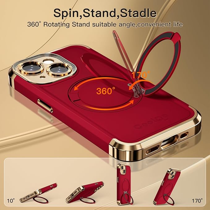 COOLQO for iPhone 15 Plus Case 6.7'' Upgraded 360° Spin Magnetic Stand [Compatible with Magsafe][Military Protection] Shockproof Protective Phone Holder Cover for iPhone 15 Plus, Red Gold