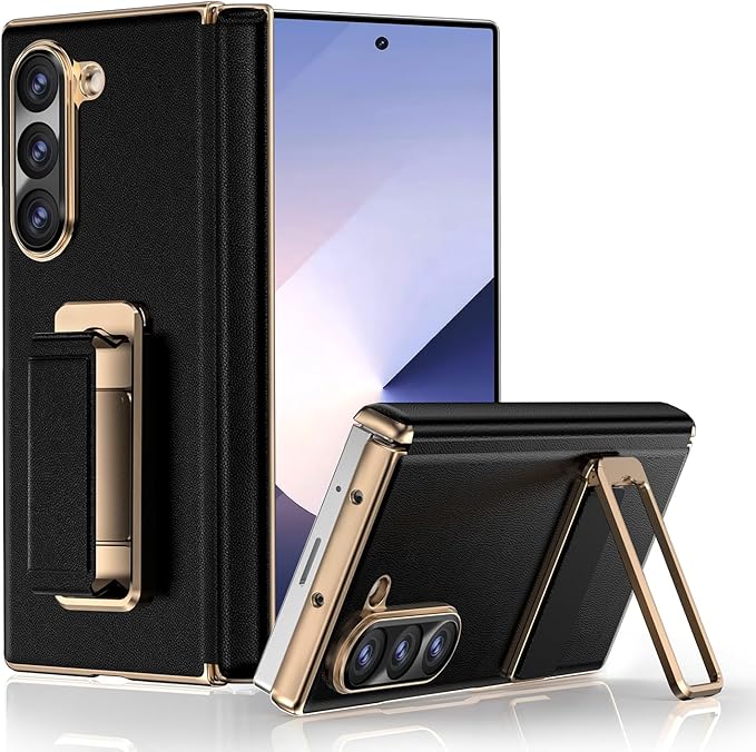 for Samsung Galaxy Z Fold 6 Case with Kickstand,【Military Grade Hinge Protection】【Camera Cover】, Scratch Resistant Shockproof Leather Phone Case for Z Fold 6 Case, Black（Back cover version）