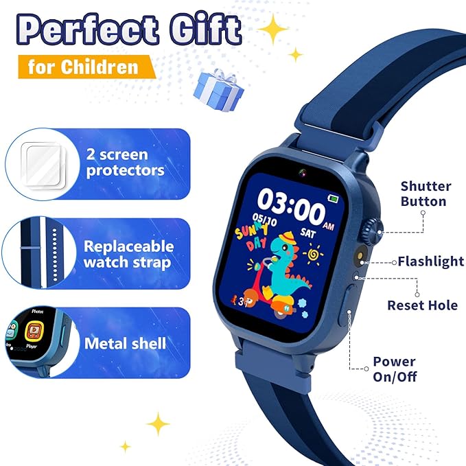 Vakzovy Kids Waterproof Smart Watch Boys Gift Age 4-12, Kids Watch with 39 Games Video Camera Music Player Alarm Clock Pedometer Calculator Habit Tracking Birthday Gift for 6 7 8 9 Year Olds Boys