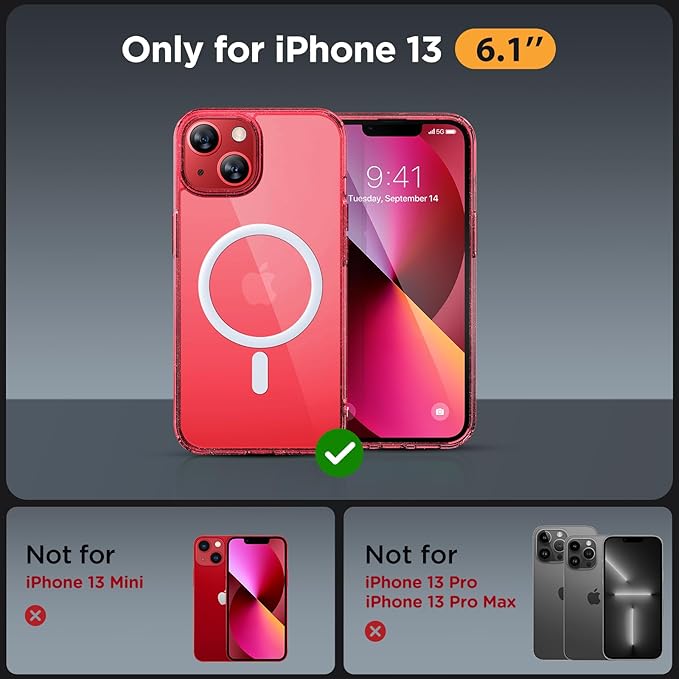 Miracase Magnetic for iPhone 13 Case 6.1 inch (Compatible with MagSafe)（with 2X Screen Protectors） Military-Grade Protection, Anti-Fingerprint Translucent Matte Phone Case Cover, Glitter Red