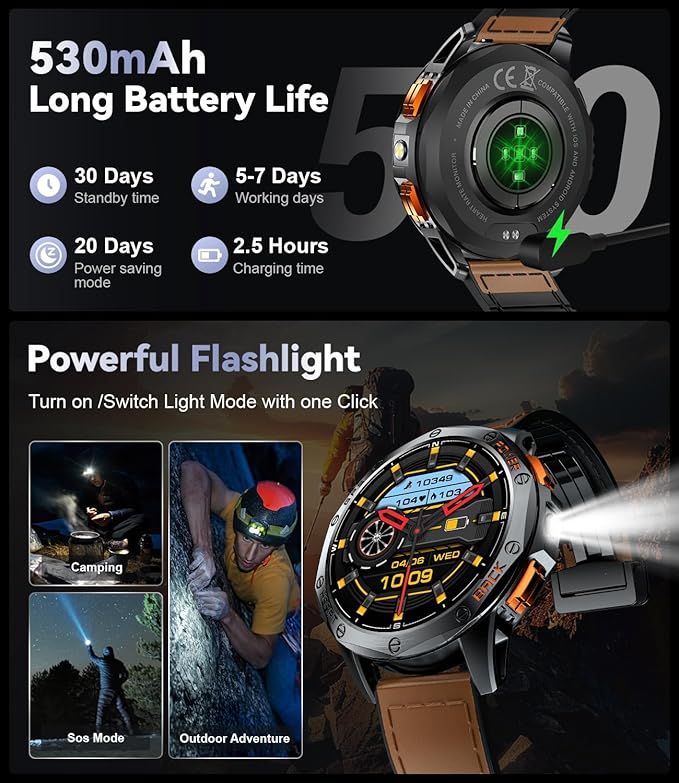 GPS Smart Watches for Men,1.43" AMOLED Fitness Tracker with LED Flashlight/Compass/530mAh Battery, Heart Rate/SpO2/Sleep Monitor 5ATM Outdoor Sports Smartwatch for Android iOS,100+Sport Modes