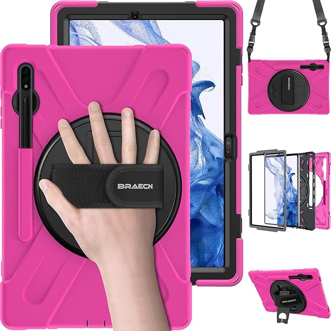 BRAECN for Samsung Galaxy Tab S10 Plus/S9 FE Plus/S9+/S7 FE /S7+/S8+ 12.4 inch Case with Carrying Shoulder Strap, S Pen Holder, Kickstand, Hand Strap for Galaxy Tab S10+-Pink