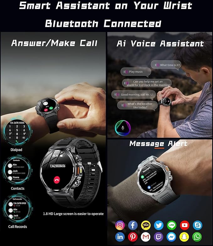 Military Smart Watch for Men, 800mAh Big Battery Smart Watches with LED Flashlight for Android iOS, Answer/Make Call, Fitness Tracker, Blood Oxygen/Heart Rate Monitoring, Sleep Track (2 Bands, Black)