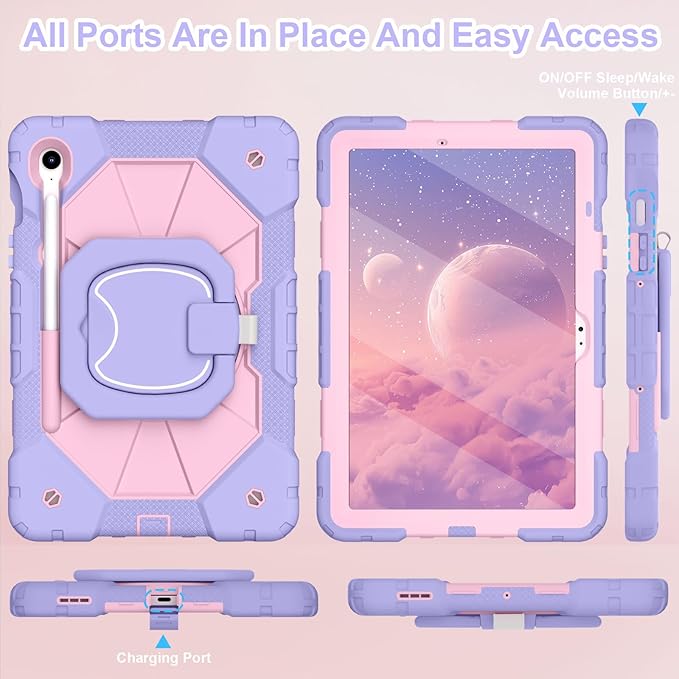 WESOROL Case for Samsung Galaxy Tab S10 Lite/S10 FE/S9 FE 10.9 Inch Galaxy Tab S9 11 Inch,Drop Protection Samsung S9 FE Kids Tablet Case with Screen Protector Rotate Stand Pen Holder,Purple Rose