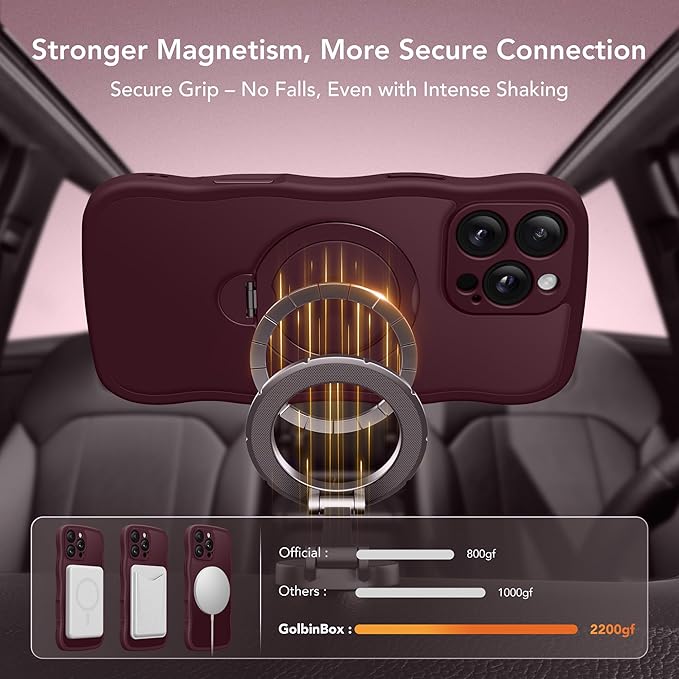 GolbinBox for iPhone 16 Pro Case for Women,[Compatible with Magsafe][360° Spin Magnetic Stand][Cute Wave Edge][Military-Grade Protection] Translucent Matte Phone Case for iPhone 16 Pro, Wine Red