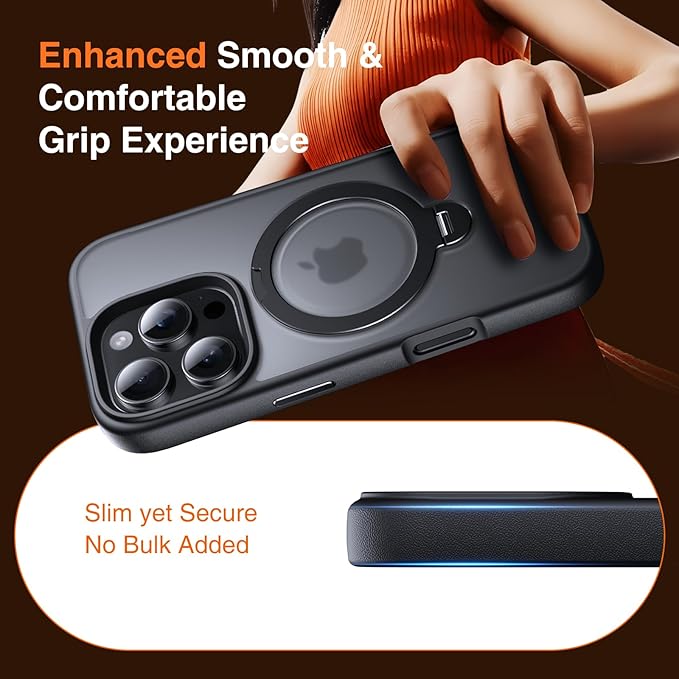 360° O-Ring MagStander for iPhone 15 Pro Case with Magnetic Kickstand Ring Holder [Compatible with MagSafe][360°Rotate Stand Ring][Military Shockproof] iPhone 15 Pro Phone Cover Matte Black