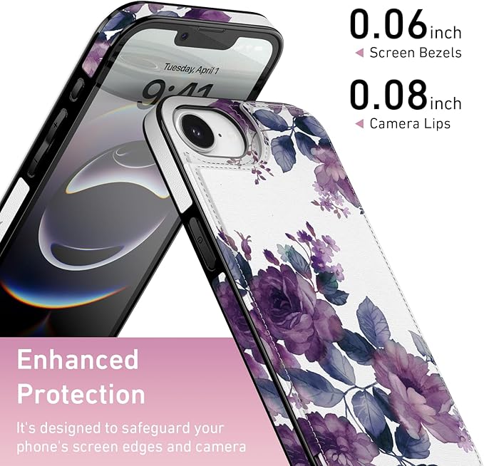 FUNMIKO for iPhone 16e Wallet Case with Card Holder, RFID-Blocking, Military-Grade Protection & UV-Printed Artwork, Magnetic Closure with Leather Kickstand - Elegant Purple Floral