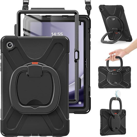 BRAECN Case for Samsung Galaxy Tab A9+ Plus 11 Inch 2023 SM-X210/X216/X218, Heavy Duty Drop-Proof Case with Screen Protector, Shoulder Strap, Stable Kickstand for Galaxy Tab A9+/A9 Plus 11'', Black