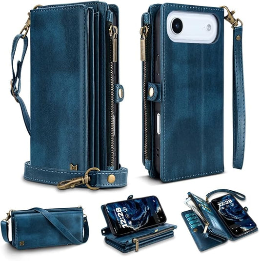 for iPhone Air Wallet Phone Case with 8 Card Holder,RFID Blocking | PU Leather | Kickstand | Flip | Wrist Strap&Shoulder Strap | Shockproof | Zipper Wallet | Women Men | 6.5" | Blue
