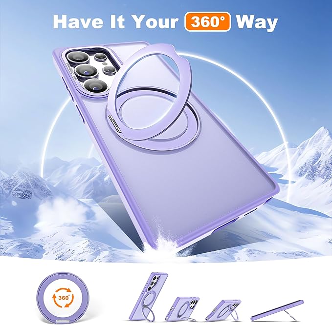 for Samsung Galaxy S25 Ultra Case with 360°Rotatable Magnetic Ring Stand Compatible with Mag-Safe Military Protection Shockproof Matte Translucent Phone Cases for S25 Ultra 6.9" Purple