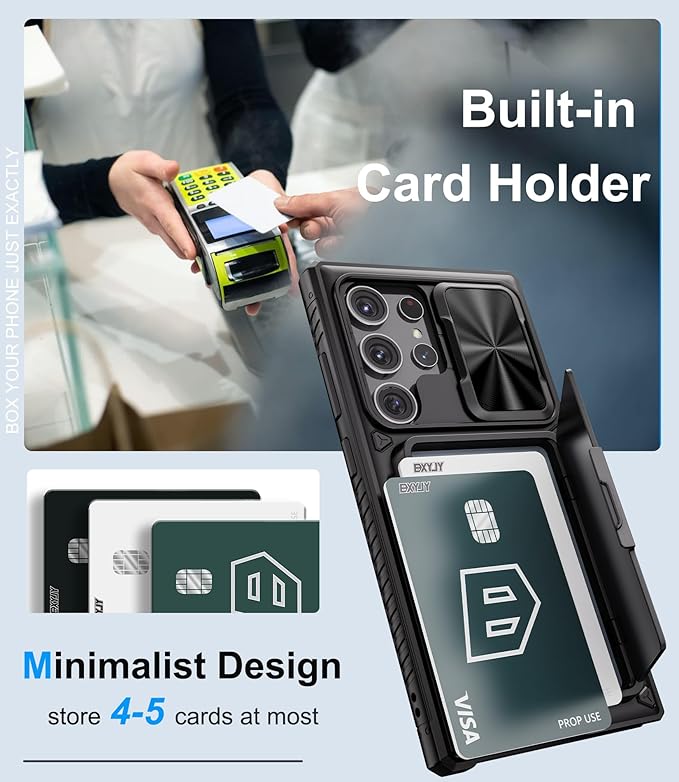 for Samsung Galaxy S23 Ultra Case with Card Holder & Kickstand & Slide Camera Protector, Military Grade Drop Shockproof Silicone Wallet Phone Case Cover for Galaxy S23 Ultra 5g 2023, Black