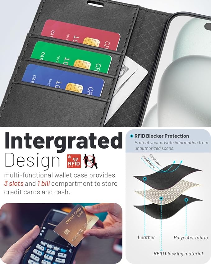 OCASE Compatible with iPhone 16 Wallet Case, PU Leather Flip Folio Case with Card Holders RFID Blocking Kickstand [Shockproof TPU Inner Shell] Phone Cover 6.1 Inch 2024, Graphite