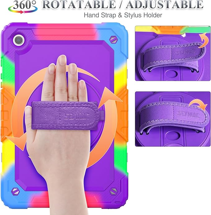 SEYMAC stock Case for Samsung Galaxy Tab A9+ Plus 11'', Full-Body Drop Protection Case with Screen Protector Pencil Holder [360° Rotating Hand Strap] &Stand, Purple+Colorful