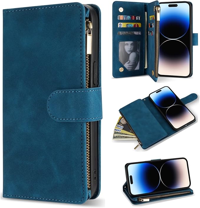 ZZXX for iPhone 14 Pro Max Case Wallet with [RFID Blocking] Card Slot Soft PU Leather Zipper Flip Folio with Wrist Strap Kickstand Protective Cover for iPhone 14 Pro Max Wallet Case(Blue-6.7 inch)