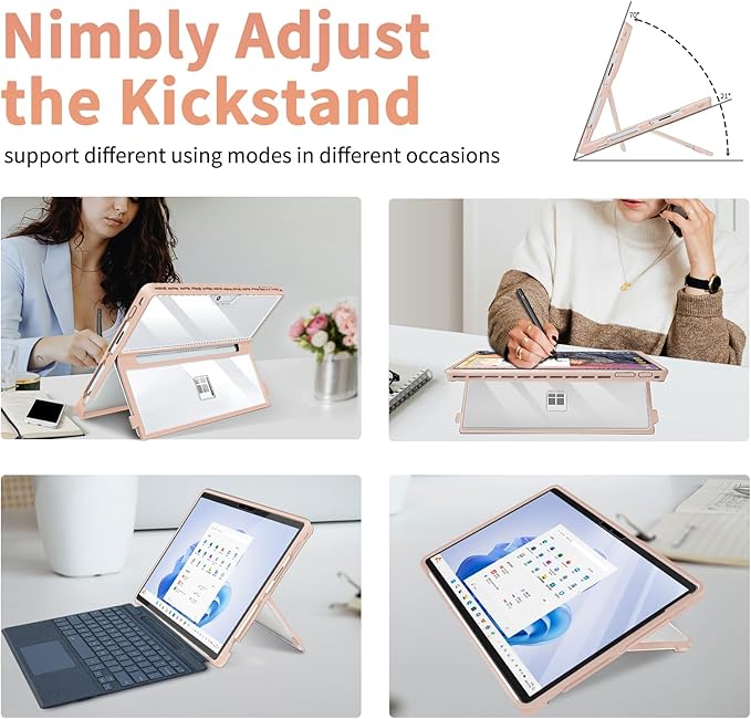 Case Updated Version fit Microsoft Surface Pro 11/10 /9/8 13-Inch, All-in-one Rugged Case Compatible with Type Cover Keyboards, Transparent&Pink