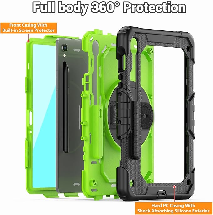 SEYMAC for Samsung Galaxy Tab S10 Lite/ S10 FE/ S9 FE/ S9 5G Case (10.9''/11''), Heavy Duty Shockproof Protective Case with Screen Protector, Rotating Stand, Hand Strap and Pen Holder, Green