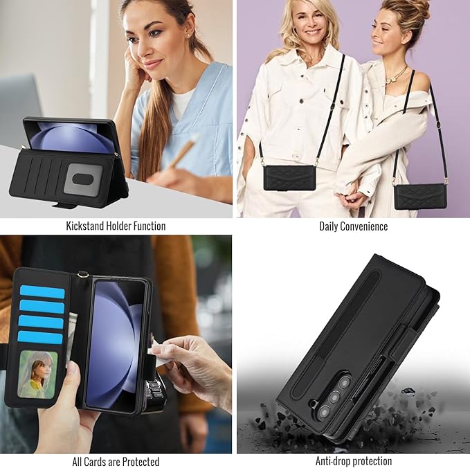 for Samsung Galaxy Z Fold 7 Wallet Case - Stitching Pattern RFID Blocking Card Holder, S Pen Slot Crossbody Strap, Full Body Protection Flip Cover for Women Black