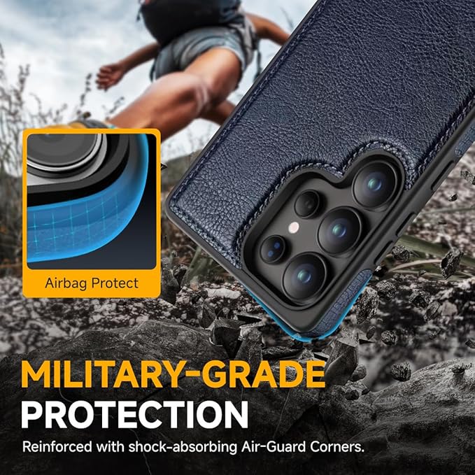 for Galaxy S25 Ultra Leather Case, Built-in Foldable Alloy Stand, with Camera Lens and Screen Protector, Slim Shockproof Kickstand Phone Cover 2025 (Blue)