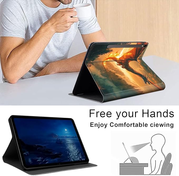 Case for Samsung Galaxy Tab S10 FE/ S9 FE 5G 10.9 Inch/Tab S9 11 Inch, Slim PU Leather Stand Cover with Auto Wake/Sleep, Multi-Angle Viewing & Shockproof, Dragon Forest Flames