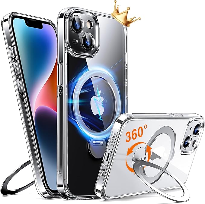 360° O-Ring MagStander for iPhone 13 Case, iPhone 14 Case with Magnetic Stand Ring Holder [Compatible with MagSafe][15FT Military Shockproof] Kickstand iPhone 13/14 Phone Cover Clear