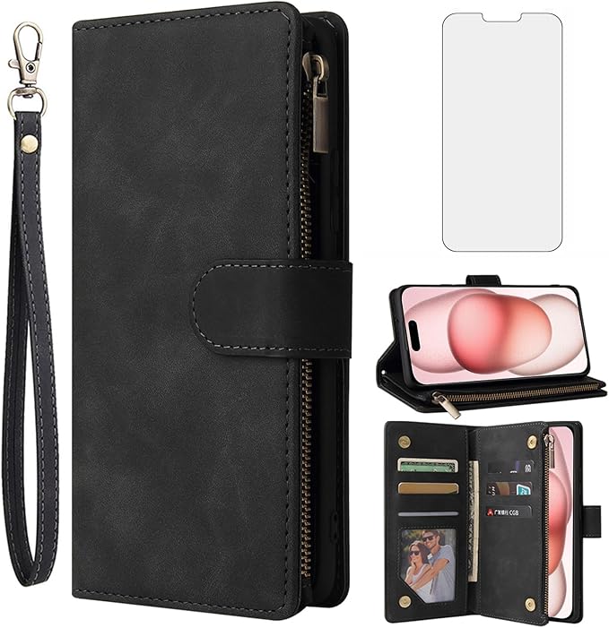 Asuwish Compatible with iPhone 15 6.1 inch Wallet Case Tempered Glass Screen Protector and Leather Flip Cover Card Holder Stand Cell Phone Cases for iPhone15 5G i i-Phone i15 15Case Women Men Black