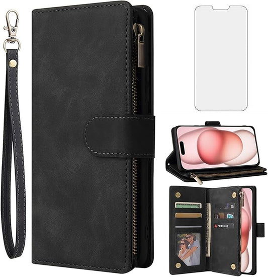 Asuwish Compatible with iPhone 15 6.1 inch Wallet Case Tempered Glass Screen Protector and Leather Flip Cover Card Holder Stand Cell Phone Cases for iPhone15 5G i i-Phone i15 15Case Women Men Black