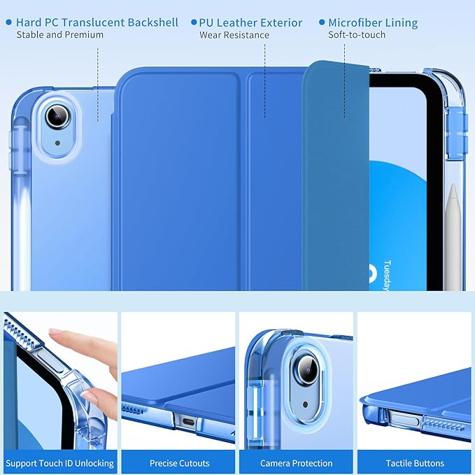 MoKo for iPad (A16) 11th Generation Case 11 Inch 2025, iPad 10th Generation Case 10.9 Inch 2022 with Pencil Holder, Slim Light Trifold Protective Cover with Hard PC Translucent Back Shell, Cobalt Blue