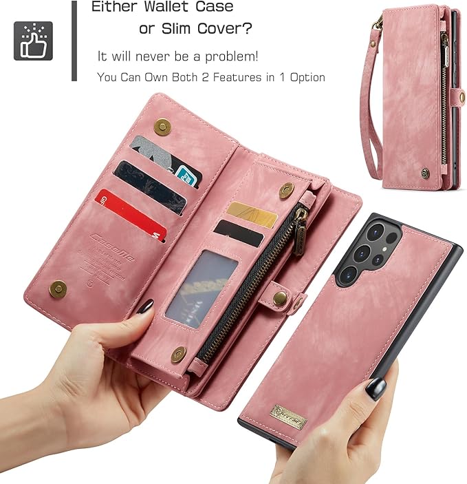 SZHAIYU 2 in 1 Detachable for Samsung Galaxy S24 Ultra Wallet Case with Card Holder, Retro Premium Flip Leather Cover Magnetic Zipper Pocket Phone Cases 6.8'' (Pink, S24 Ultra)