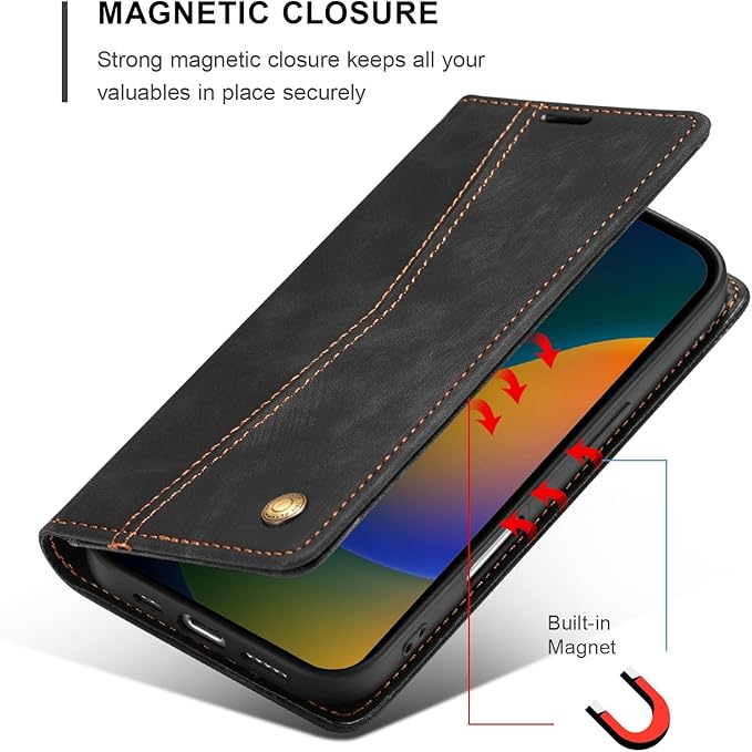 QLTYPRI for iPhone 16 Plus Case Wallet with Card Holder, Vintage PU Leather Kickstand Magnetic Closure Shockproof Folio Book Cover Case for iPhone 16 Plus - Retro Black
