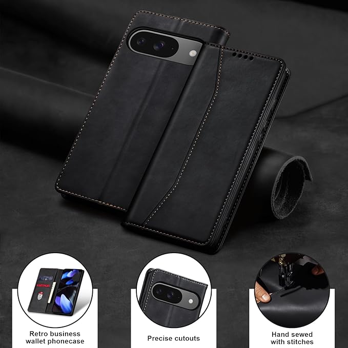 Jasonyu Flip Wallet Case for Google Pixel 9/9 Pro,Leather Magnetic Folio Cover with Card Holder,Kickstand - TPU Shockproof Durable Protective Phone Case,Black