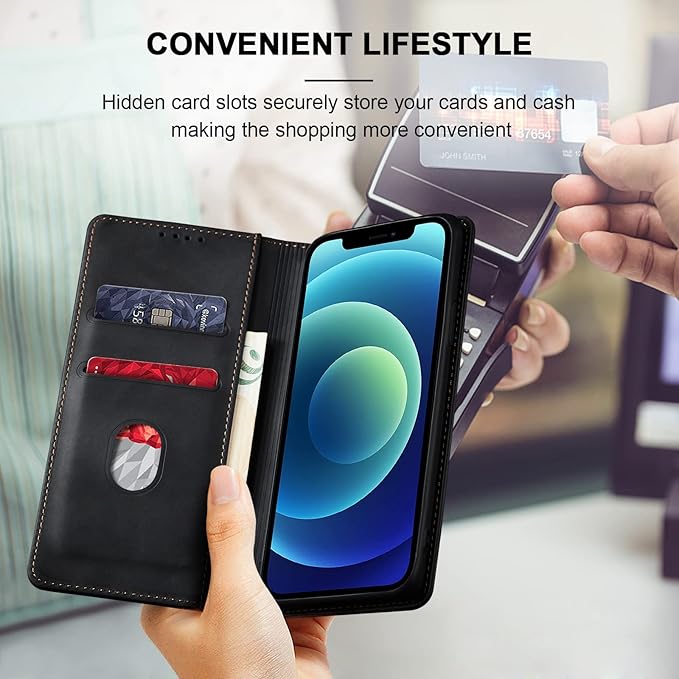 Jasonyu Flip Wallet Case for iPhone 12/12 Pro,Leather Magnetic Folio Cover with Card Holder,Kickstand - TPU Shockproof Durable Protective Phone Case,Black