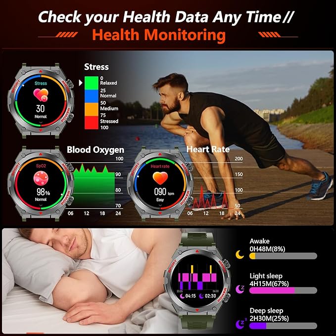Military Smart Watch for Men With AI Q&A (Answer/Make Call/SMS Reply), 1.52" HD Smartwatch for Android Phones/iPhone, 100+ Sport Mode Fitness Tracker with HR, SpO2, Sleep Monitor, IP68 Waterproof
