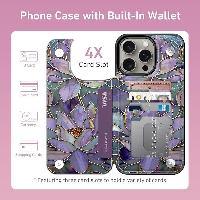 FUNMIKO for iPhone 13 Pro Max Wallet Case with Card Holder, RFID-Blocking, Military-Grade Protection & UV-Printed Artwork, Magnetic Closure with Leather Kickstand - Dreamy Lotus