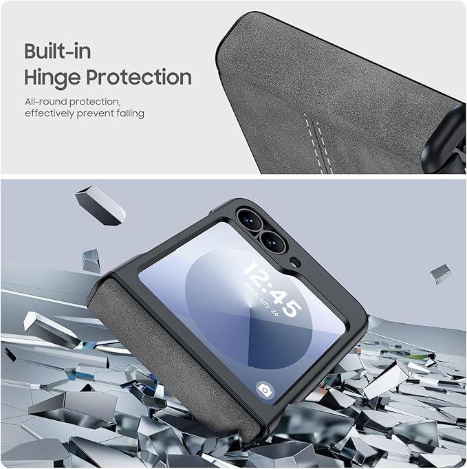 for Samsung Galaxy Z Flip 6 Case/Z Flip 7 FE Case with Hinge Protection & Built-in Screen Protector, Ultra Thin Leather Shockproof Cover Phone Case for Galaxy Z Flip 6/Z Flip 7 FE-Gray