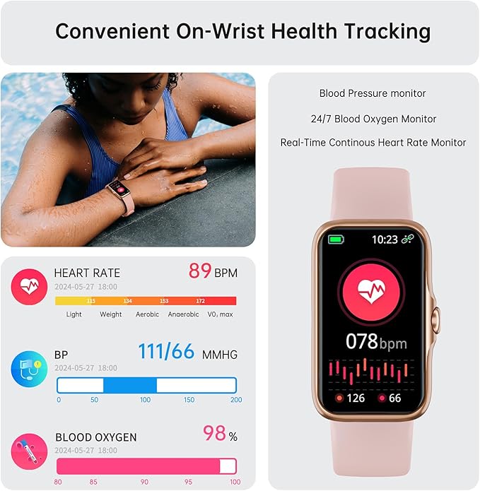 Health Fitness Tracker, Smart Watch with 24/7 Heart Rate and Blood Oxygen, Sleep Tracker with IP68 Waterproof, Activity Tracker Pedometer Step Counter for Women Men (Deep Pink)
