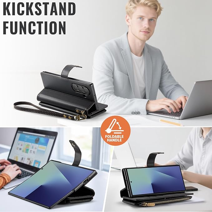 Vinich for Samsung Galaxy Z Fold 7 Wallet Case with Card Holder, Detachable Strap RFID Blocking Credit Slots Kickstand Shockproof Phone Cover for Women Men, Black